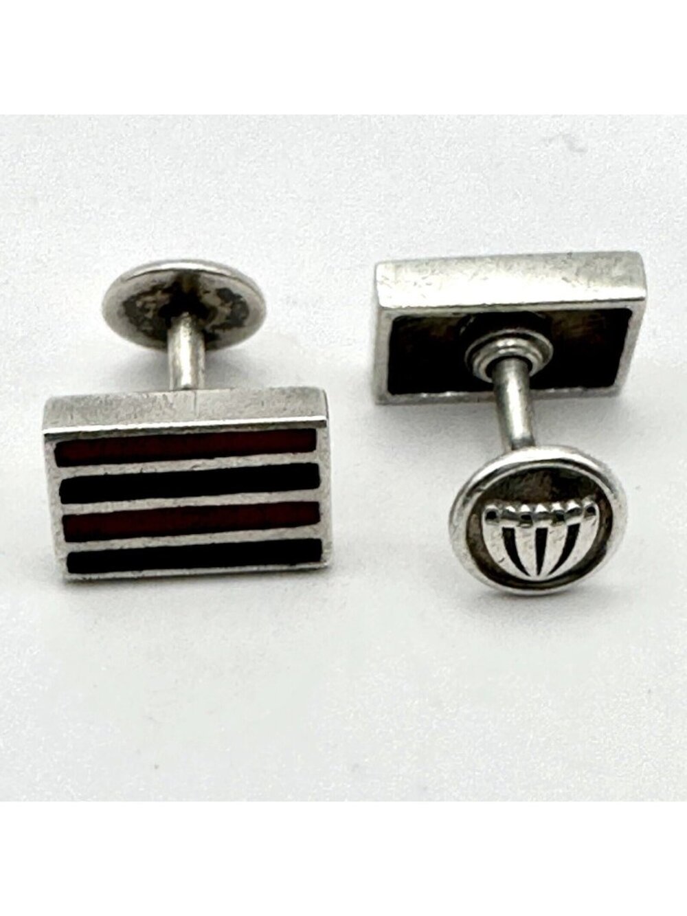 Blue Red Enamel Stripe Cufflinks Designed Signed Sterling Silver Unique Fix Back